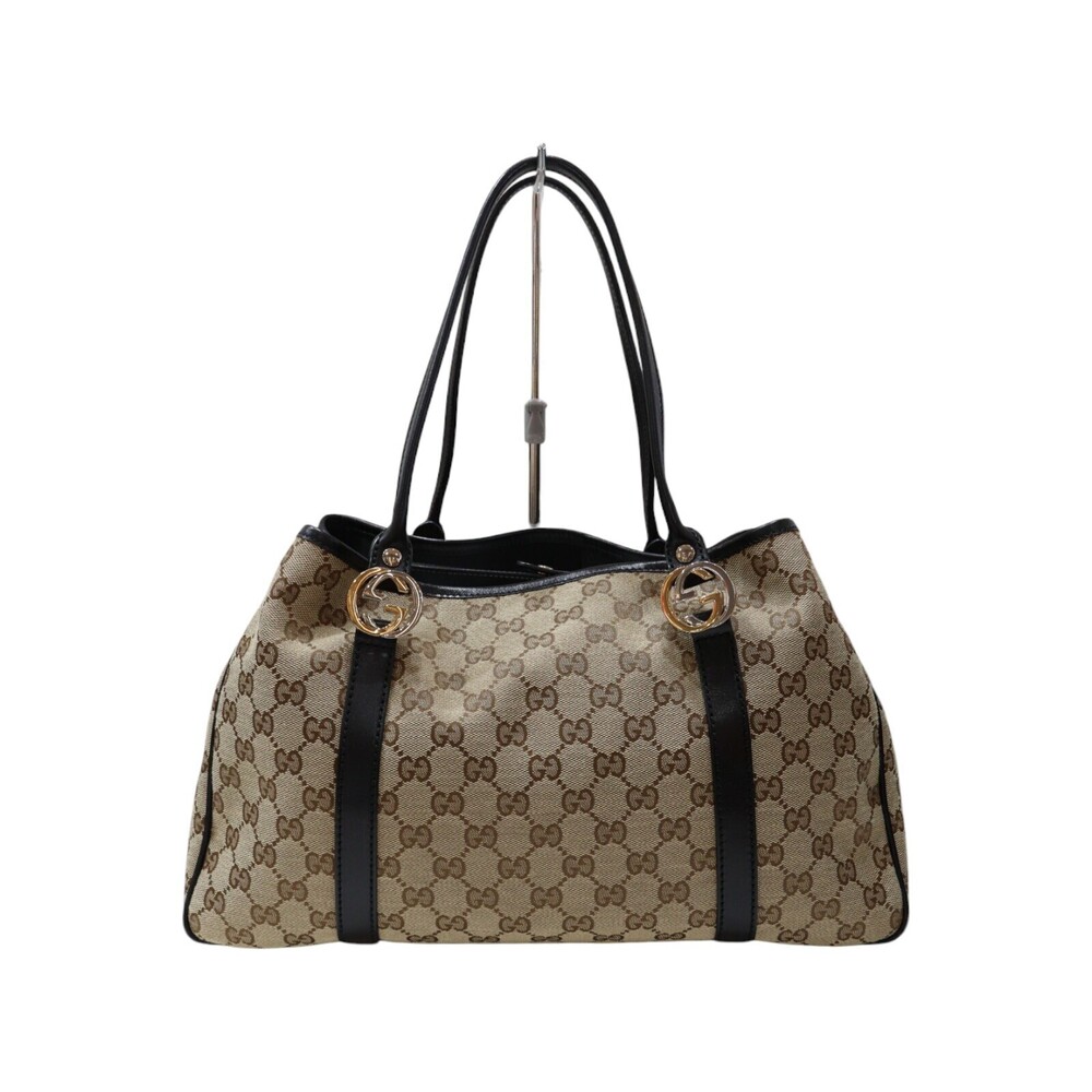 Gucci Black Bag Shoulder GG Twins Leather Silver Tote Gold Brown Canvas